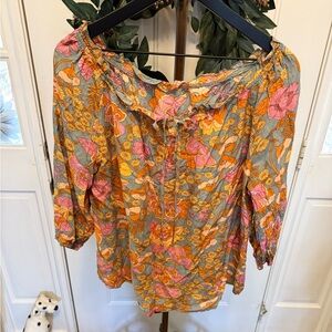 Pretty Boho Colorful Floral Print Blouse Top L XL